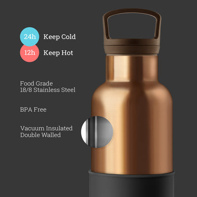 Bronze Gold-Midnight Black 20 Oz, HYDY - Water bottles, 18/8 (304) Stainless Steel, BPA Free, Reusable