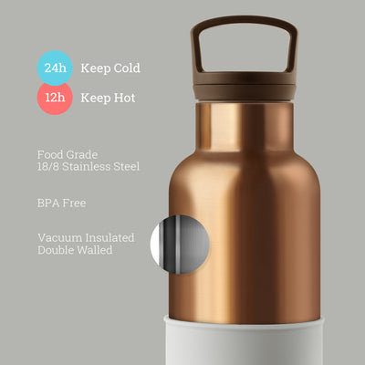 Bronze Gold-Cloudy Grey 20 Oz, HYDY - Water bottles, 18/8 (304) Stainless Steel, BPA Free, Reusable