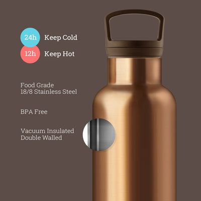 Bronze Gold 20 Oz, HYDY - Water bottles, 18/8 (304) Stainless Steel, BPA Free, Reusable